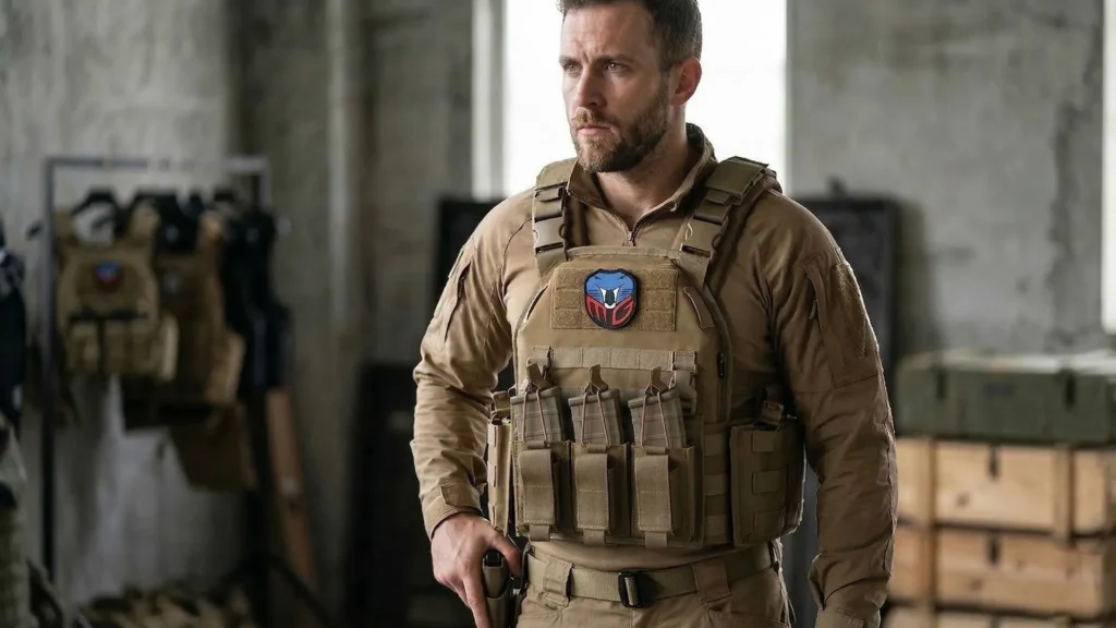 Man wearing tan plate carrier with front pouches in indoor training setting
