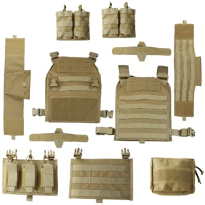 Tan plate carrier components with detachable pouches and panels