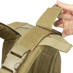 Adjustable shoulder strap detail on tan tactical plate carrier