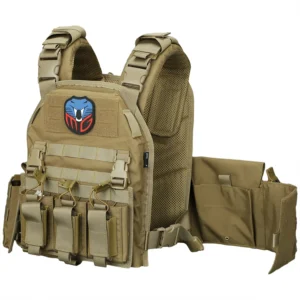 Tan plate carrier side view with front pouches and breathable shoulder padding