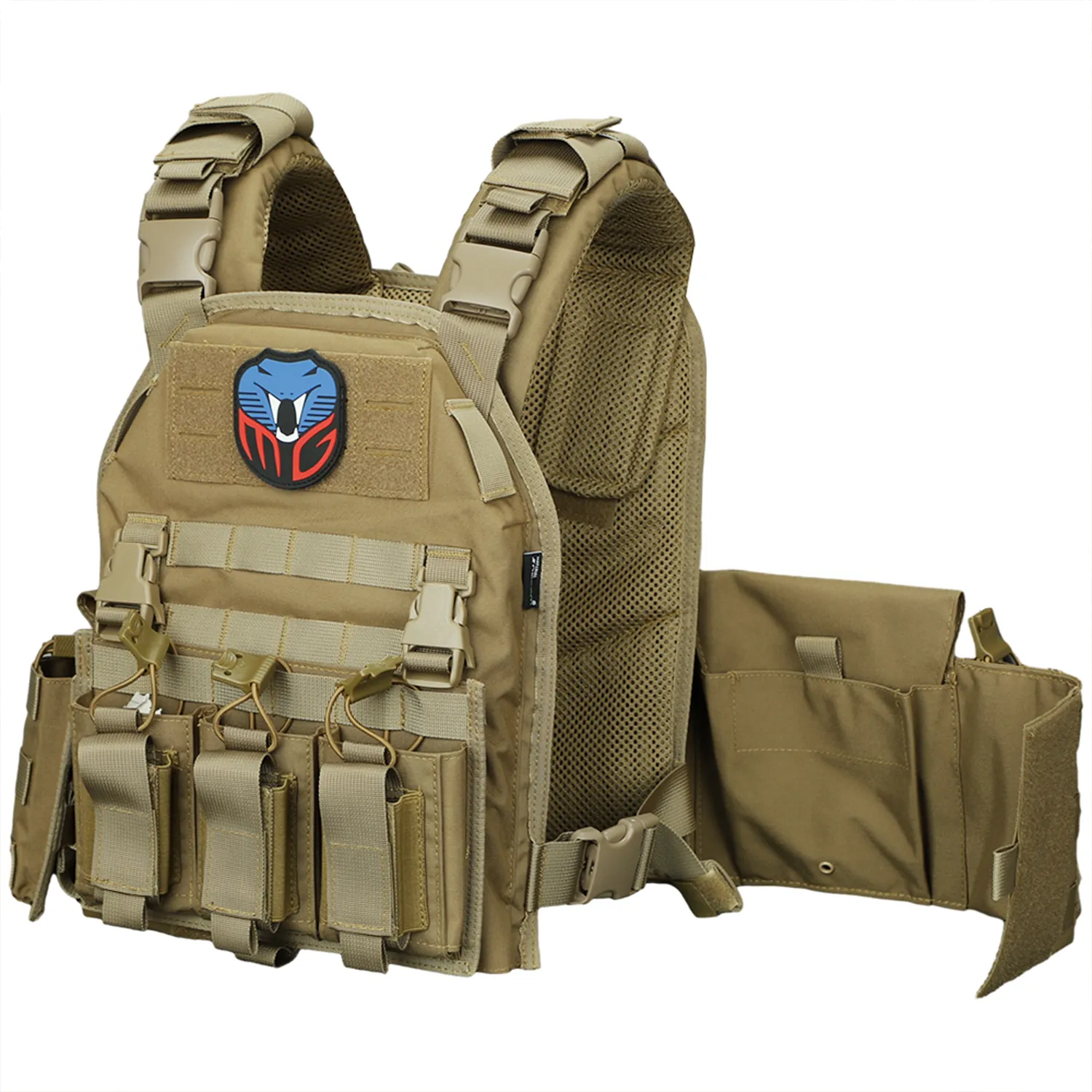 Tan plate carrier side view with front pouches and breathable shoulder padding