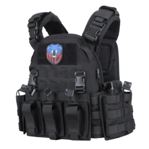 Black plate carrier with front pouches and hook-and-loop patch panel