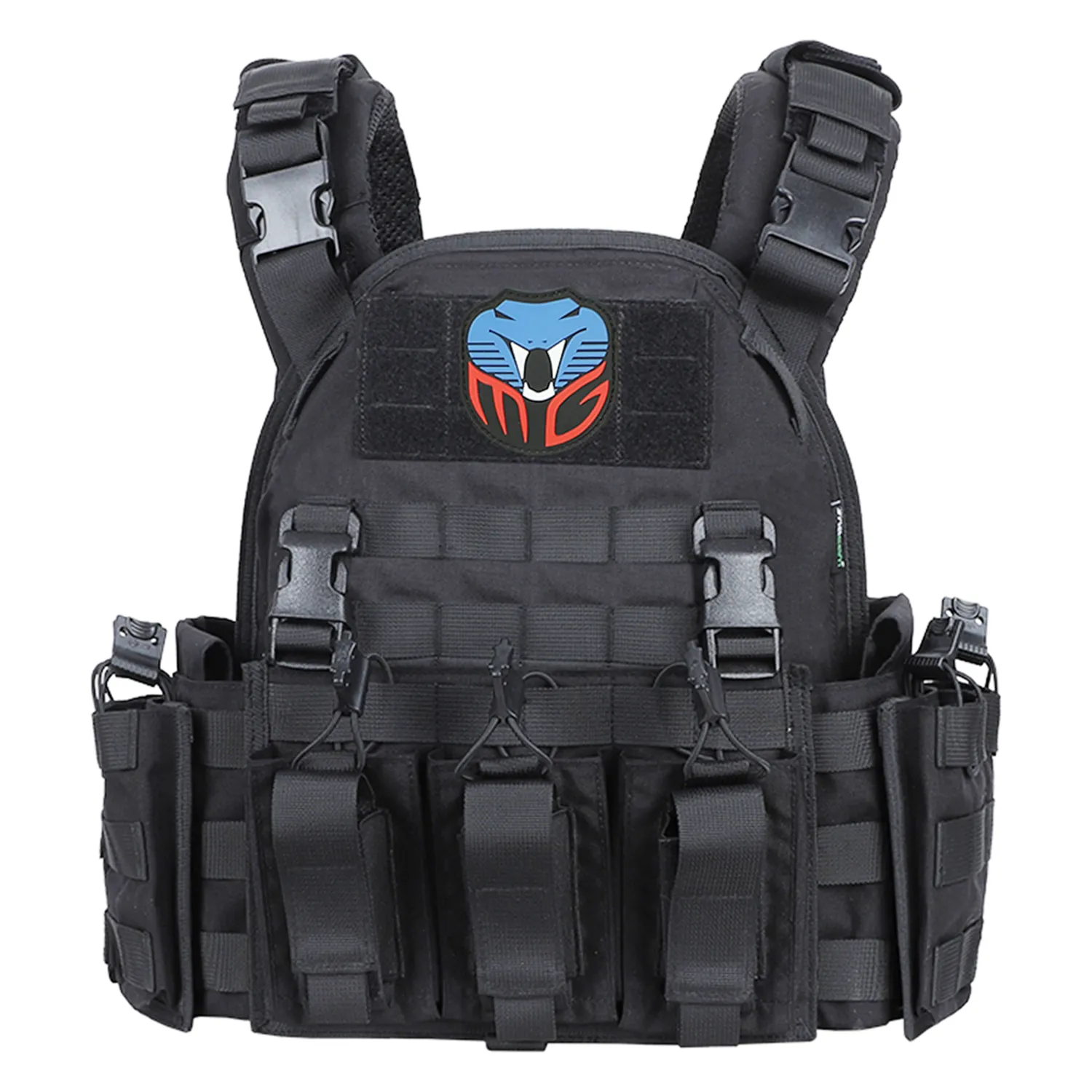 Front view of black plate carrier with MOLLE panels and removable pouches