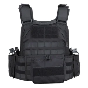 Black plate carrier back panel with MOLLE webbing and rear utility pouch
