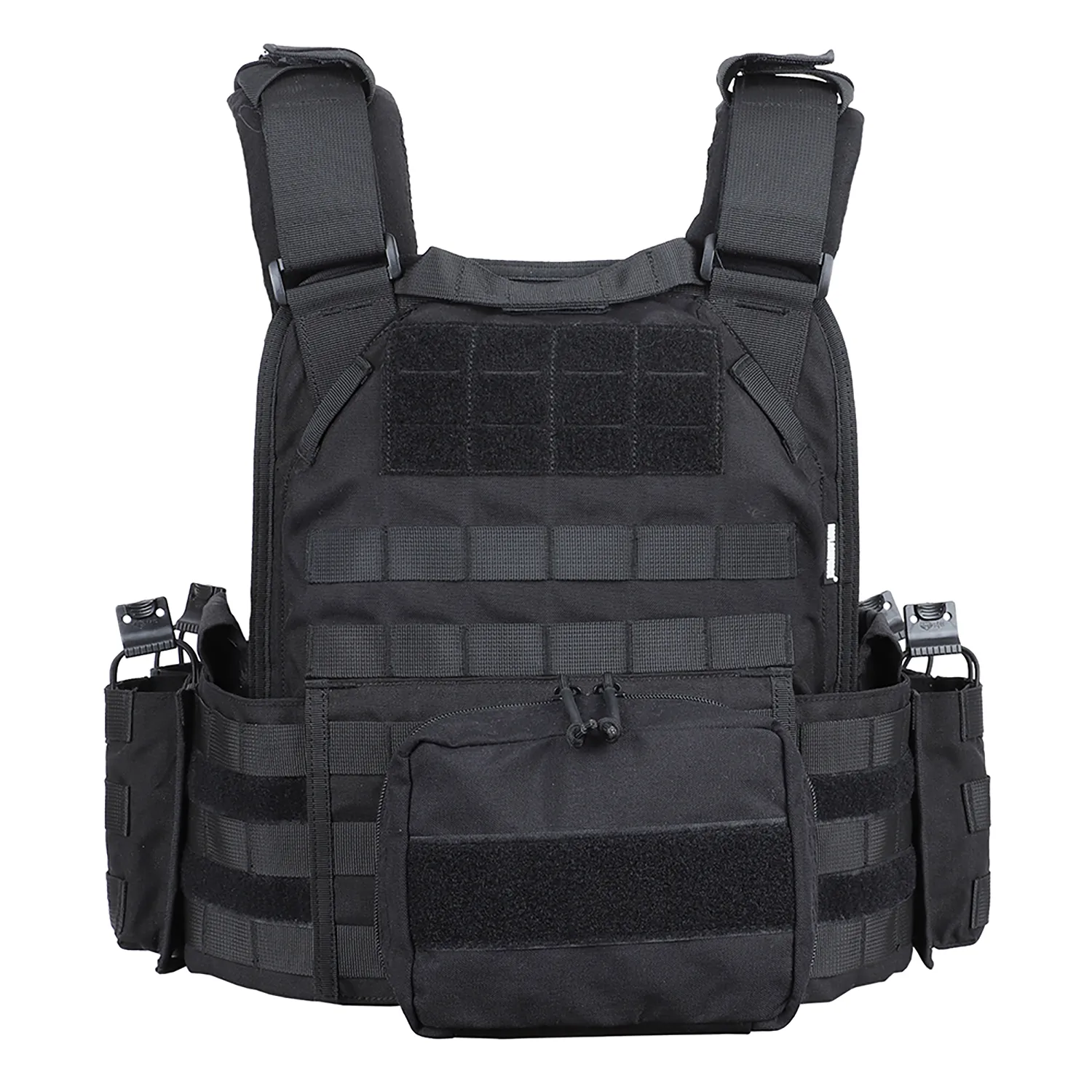 Black plate carrier back panel with MOLLE webbing and rear utility pouch