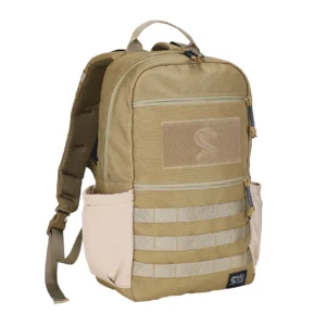 Small tactical backpack in tan color with MOLLE webbing and side bottle pockets