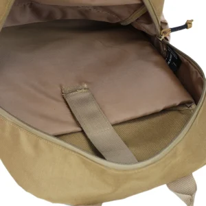 Open main compartment of tan tactical daypack with internal sleeve and hook-and-loop retaining strap