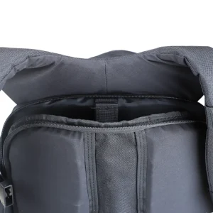 Interior top opening of black tactical backpack with zipper access and internal retaining strap