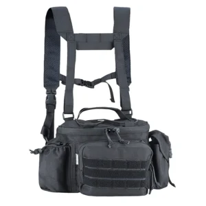 Black tactical waist bag with shoulder harness and multiple storage compartments