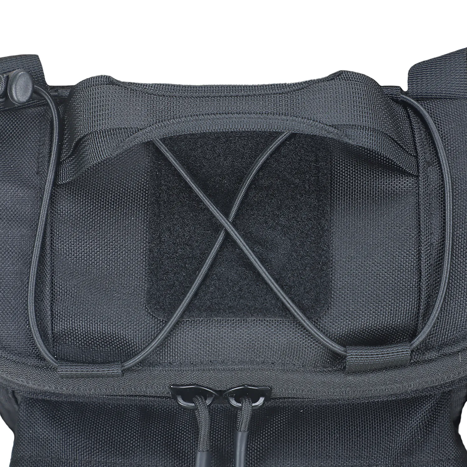 Rear detail of tactical waist bag with bungee cord and loop panel