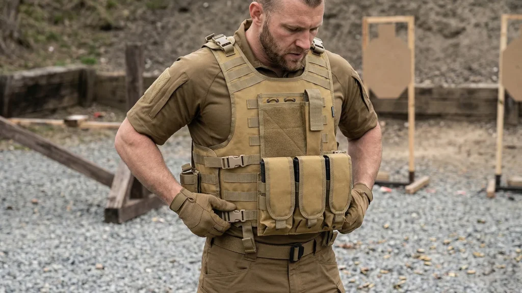 Man wearing tan modular tactical vest with front pouches outdoors