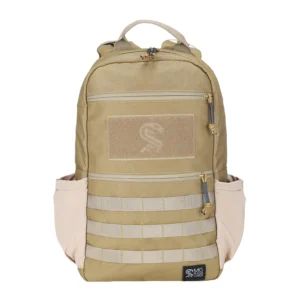 Small tactical backpack in tan with front MOLLE webbing, hook-and-loop patch panel, zipper pockets, and side bottle pockets