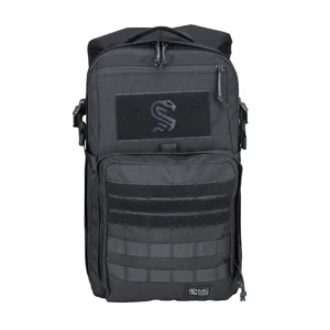 Black MOLLE tactical backpack with front patch panel, zipper pockets, and modular webbing