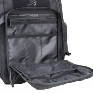 Open front organizer pocket on black tactical backpack with internal slip pockets and zipper compartment