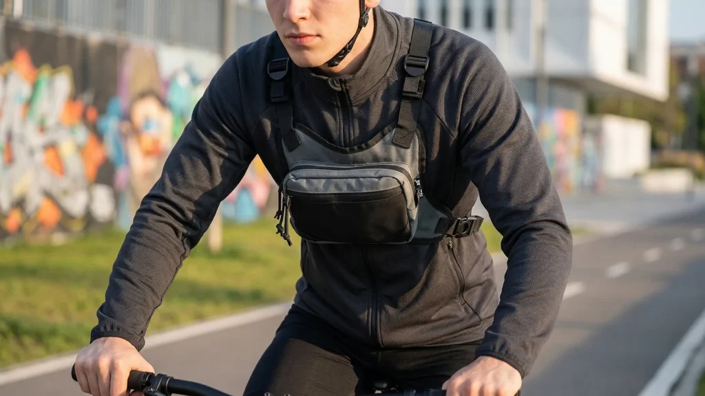 Cyclist wearing gray running chest bag with secure front storage