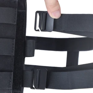 Close-up of side strap buckle on black tactical vest