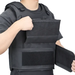 Black tactical vest worn with front flap opened for fit adjustment