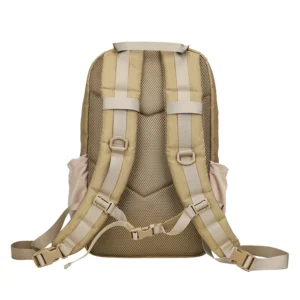 Back view of tan compact tactical backpack with padded shoulder straps, breathable mesh back panel, and chest buckle