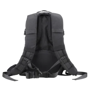 Rear view of black tactical backpack with padded shoulder straps and adjustable waist belt