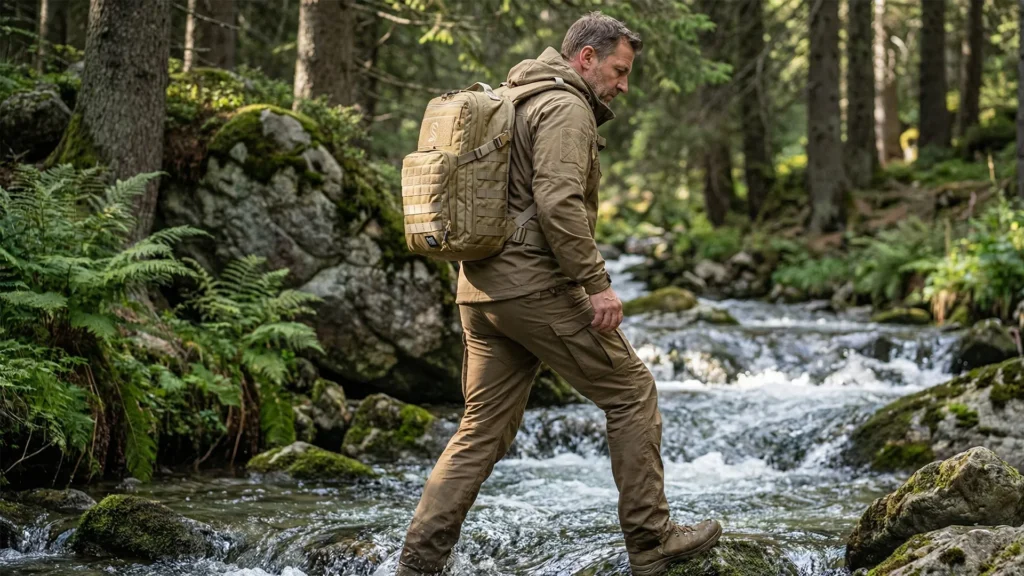 Man crossing a stream in the forest wearing a tan molle tactical backpack