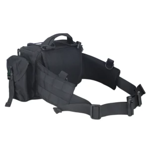 Back view of black tactical waist bag with padded mesh panel and adjustable waist strap