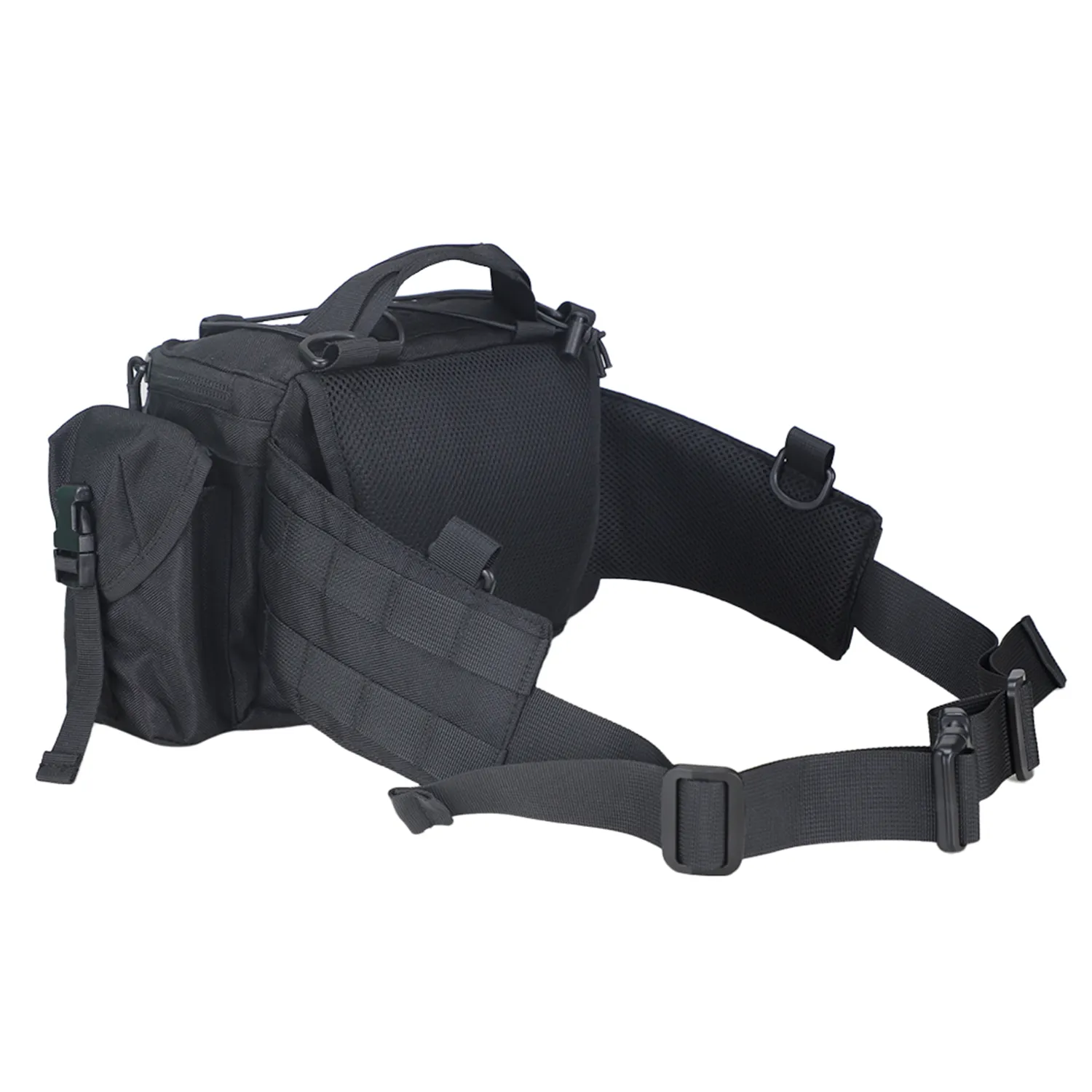 Back view of black tactical waist bag with padded mesh panel and adjustable waist strap