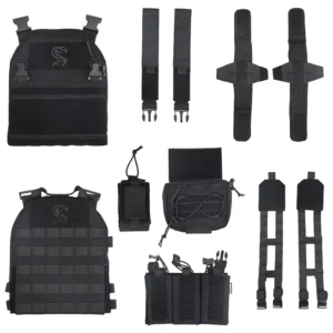 Black plate carrier vest components with removable pouches and shoulder straps