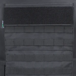 Close-up of MOLLE webbing and hook-and-loop panel on black tactical vest