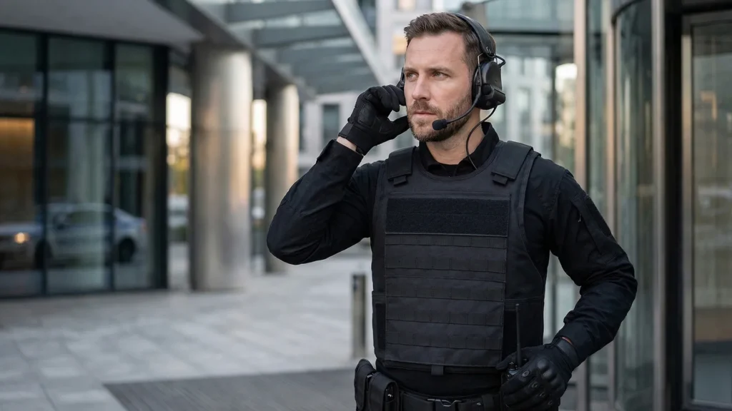 Black tactical vest worn by man with headset in modern outdoor setting