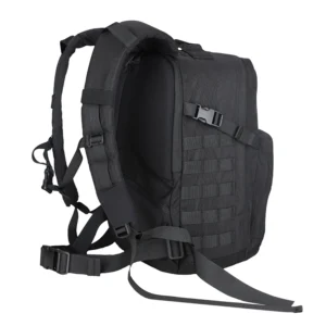 Side rear view of black backpack with MOLLE side webbing, compression strap, and padded harness