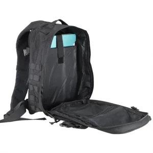 Open black MOLLE tactical backpack with large main compartment, laptop sleeve, and mesh organizer panel