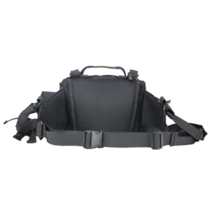 Back view of black tactical waist bag with padded mesh panel and waist strap