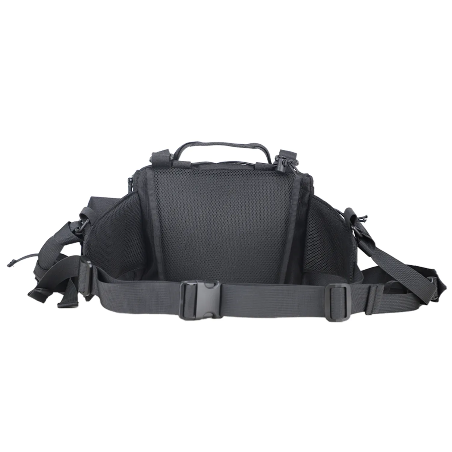 Back view of black tactical waist bag with padded mesh panel and waist strap