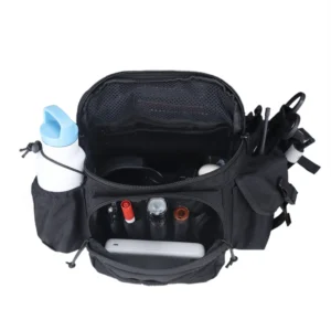 Open tactical waist bag showing storage compartments and organized gear