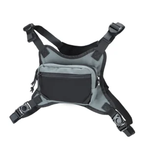 Gray and black running chest bag with adjustable shoulder straps and front zipper pocket
