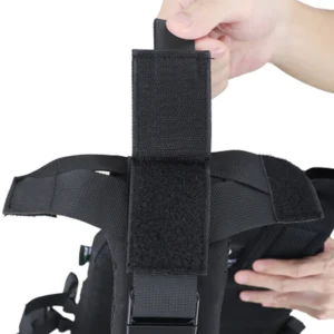 Close-up of adjustable shoulder strap with hook-and-loop closure on tactical vest