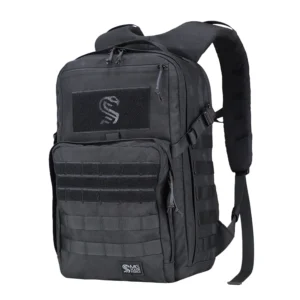 Angled front view of black MOLLE tactical backpack with front organizer pocket and side webbing