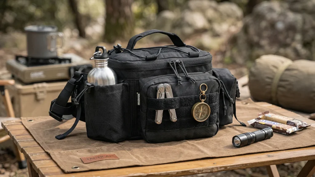 Black tactical waist bag on camping table with outdoor gear accessories