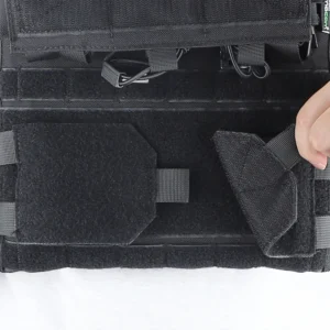 Close-up of front hook-and-loop panel on black tactical vest