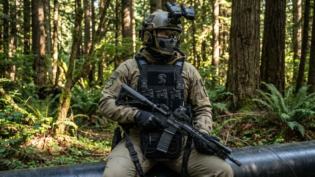 Black tactical vest worn outdoors with front pouch setup and shoulder straps