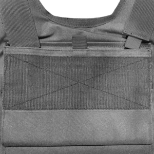 Close-up of inner front hook-and-loop panel on black molle tactical vest