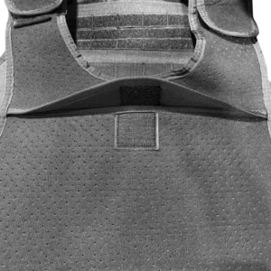 Interior view of black tactical vest with breathable lining and rear opening