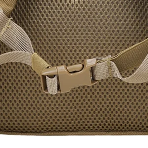Close-up of adjustable chest buckle and breathable mesh back panel on tan backpack