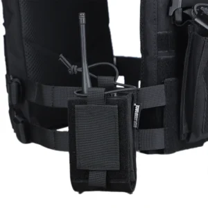 Black tactical vest side pouch holding a radio with adjustable retention cord