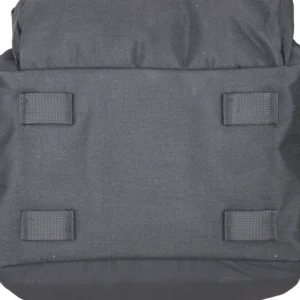 Bottom panel detail of black tactical backpack with reinforced fabric and support tabs