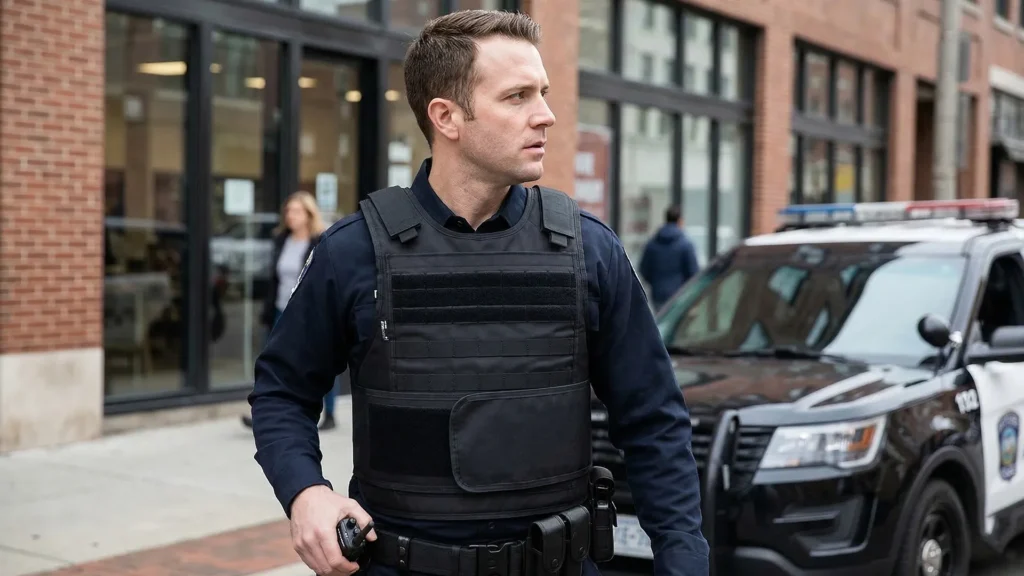 Black tactical vest worn in urban security-style setting