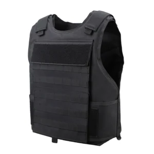 Black tactical vest side view with front webbing and adjustable shoulder straps