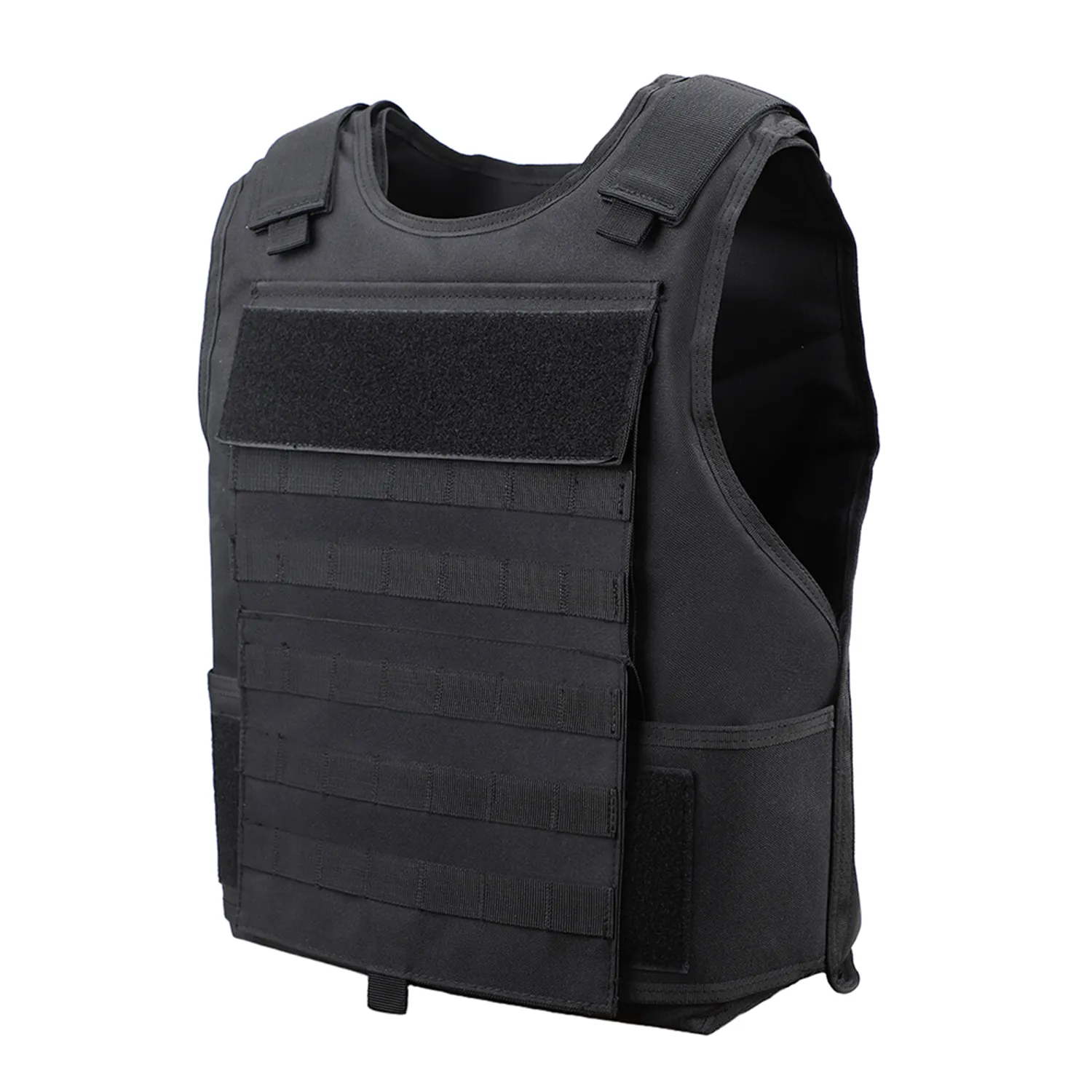 Black tactical vest side view with front webbing and adjustable shoulder straps
