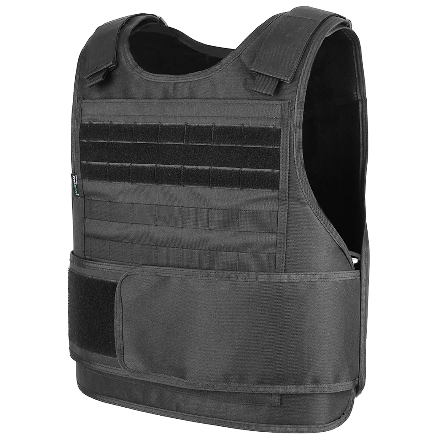 Side view of black tactical vest with adjustable cummerbund and webbing panel