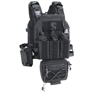 Black plate carrier vest with front pouches, side utility pocket, and drop pouch